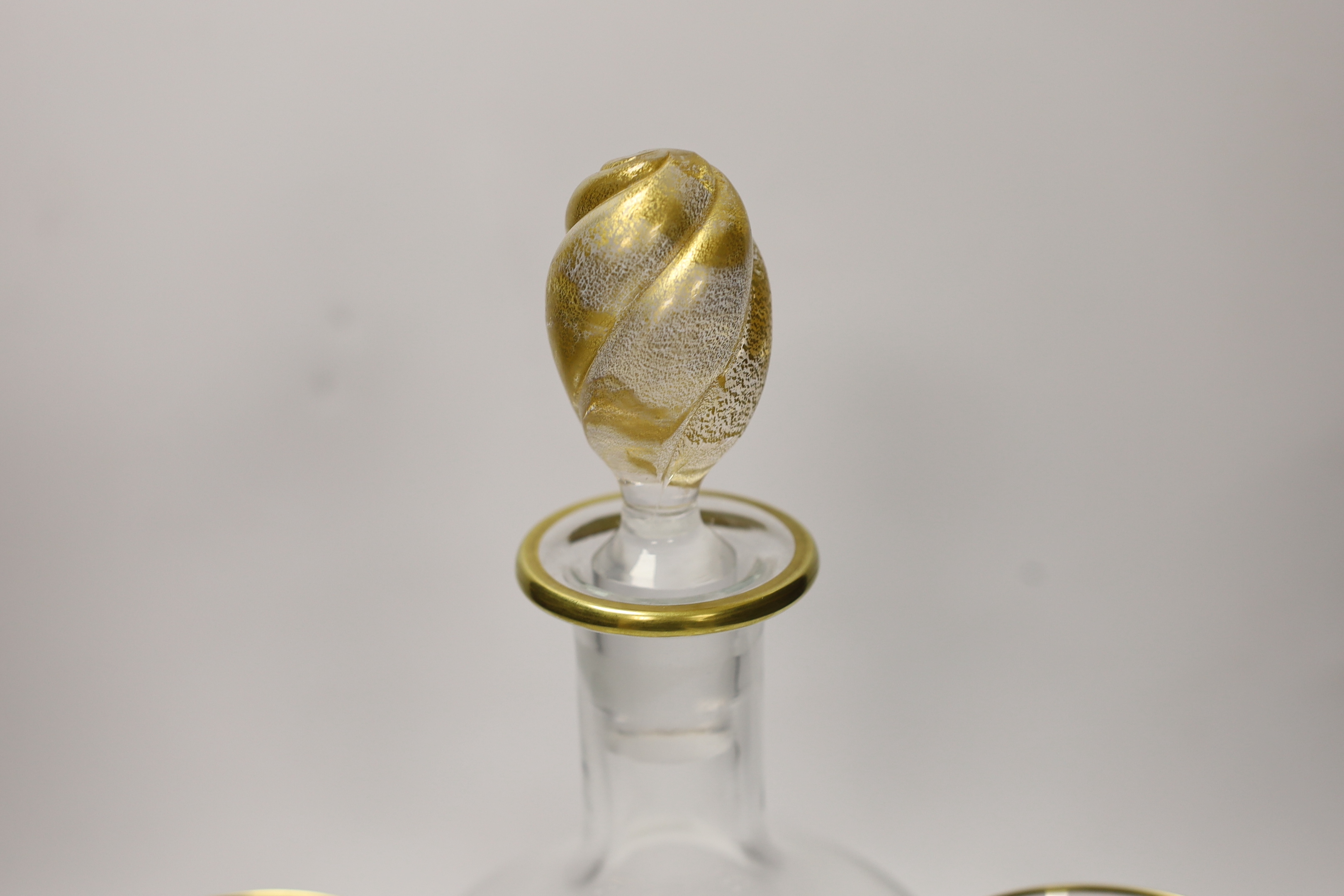 A Venetian glass decanter and two matching glasses, each with a gilt ‘H’ to foot. Tallest 32cm